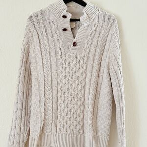 L.L. Bean Cream Button-Collar Cable Knit Sweater